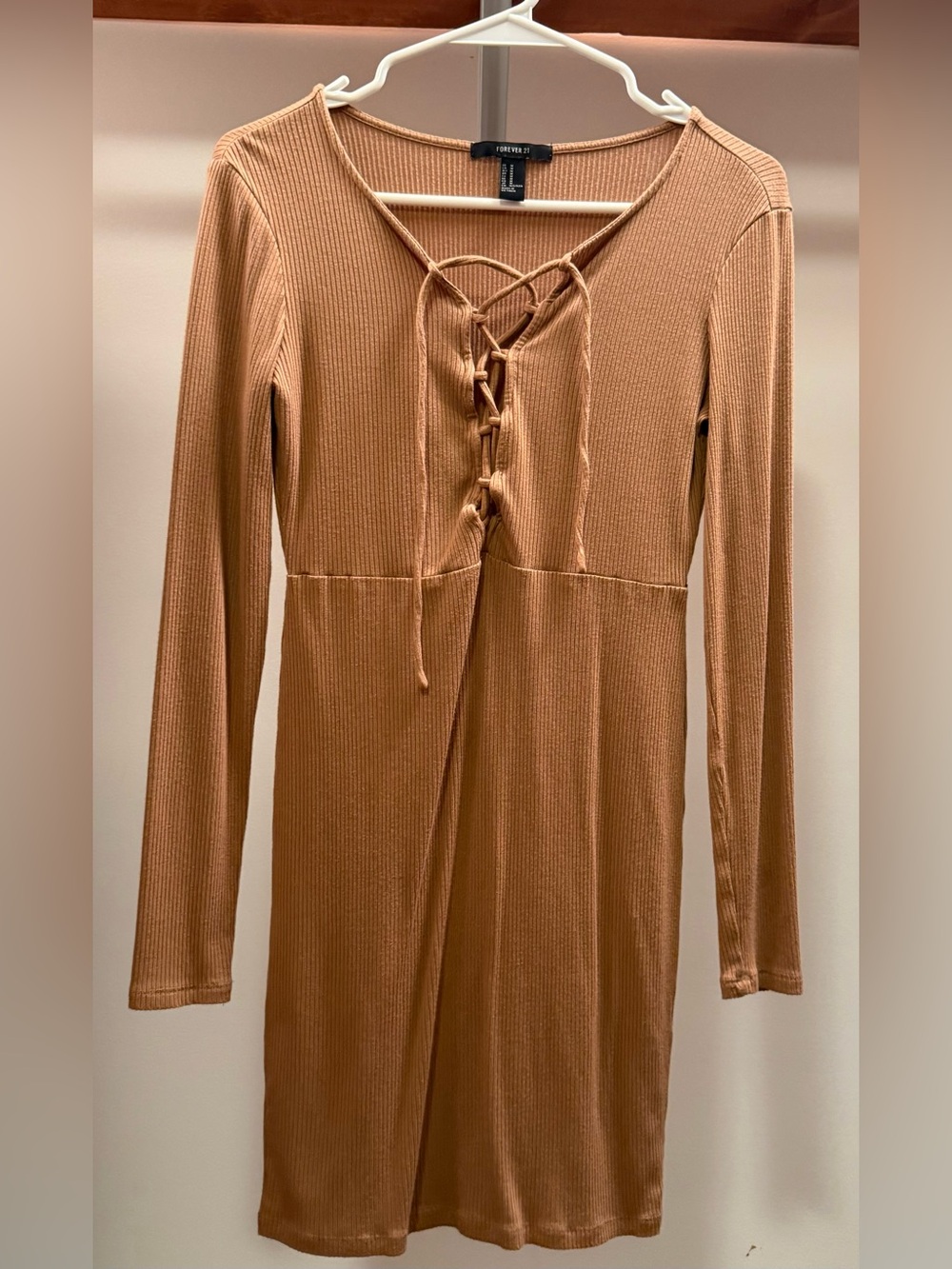 Forever 21 Camel Ribbed Lace-Up Long Sleeve Dress